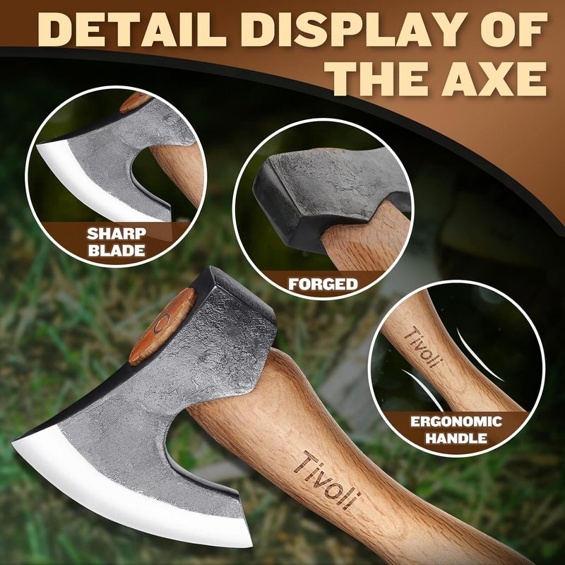 Tivoli 15 Inch Camping Axes and Hatchets, Bushcraft Axe for Wood Splitting and Kindling,Hand Forged Carbon Steel Chopping Axes Ash Wood Handle with Sheath for Camping and Survival - Image 5